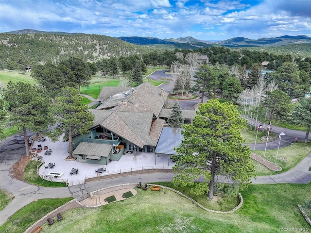drone / aerial view featuring a mountain view