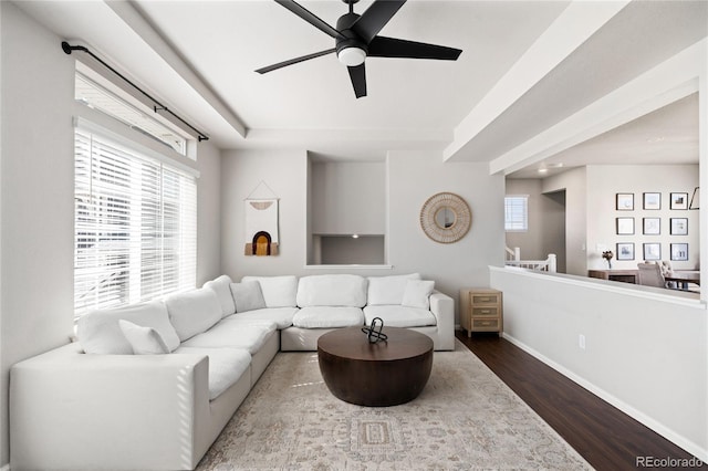 21925 E 44th Pl, Aurora, CO 80019 - living area with wood finished floors and a ceiling fan