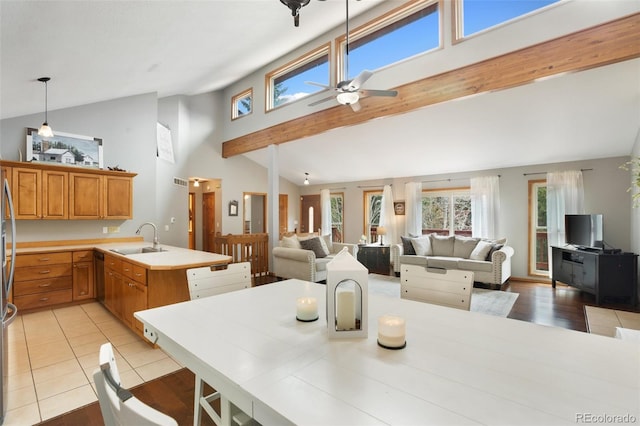 120 Red Rock Ct, Woodland Park, CO 80863 - dining space with a ceiling fan and high vaulted ceiling