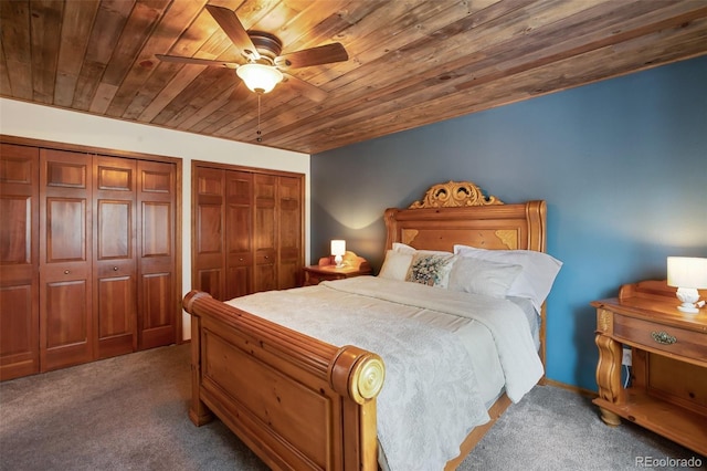 120 Red Rock Ct, Woodland Park, CO 80863 - carpeted bedroom with multiple closets, wooden ceiling, and ceiling fan