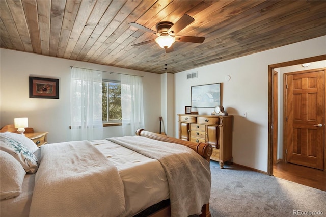 120 Red Rock Ct, Woodland Park, CO 80863 - carpeted bedroom featuring wood ceiling, baseboards, and ceiling fan