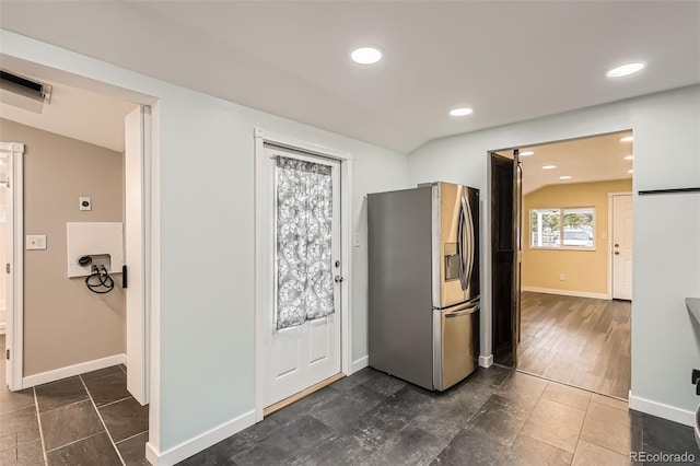 233 N 10th Ave, Brighton, CO 80601 - kitchen featuring stainless steel refrigerator with ice dispenser, baseboards, and recessed lighting