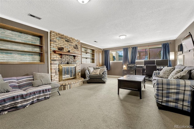 carpeted living room with built in features, a fireplace, wood walls, crown molding, and a textured ceiling