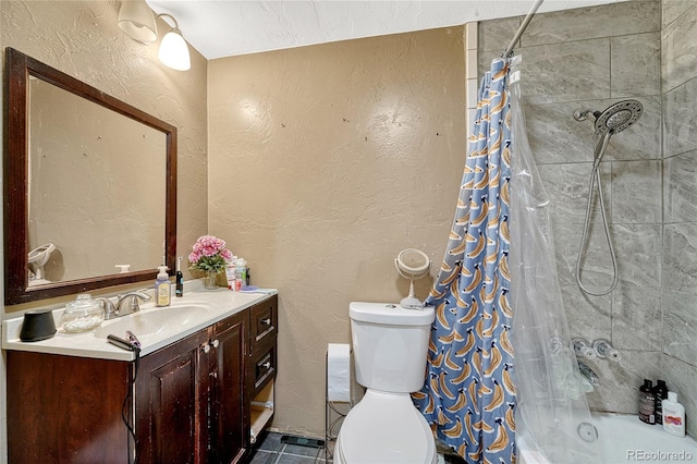 full bathroom featuring shower / bath combo, vanity, and toilet