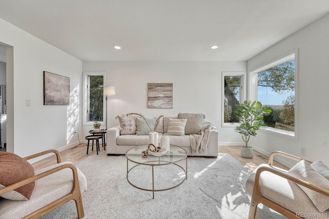 living room with a wealth of natural light, a textured ceiling, and light hardwood / wood-style flooring