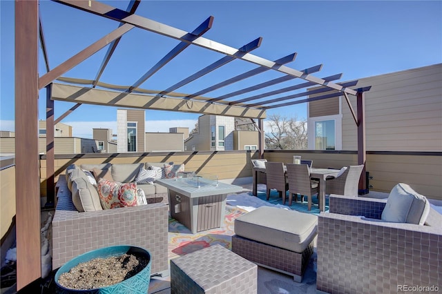 view of patio / terrace with outdoor lounge area and a pergola