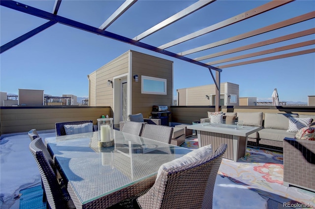 view of patio featuring an outdoor hangout area, a grill, and a pergola