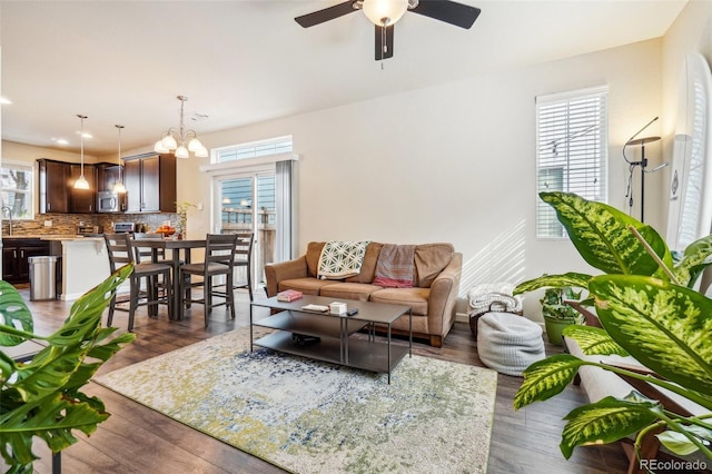 living area with a healthy amount of sunlight, wood finished floors, and ceiling fan with notable chandelier