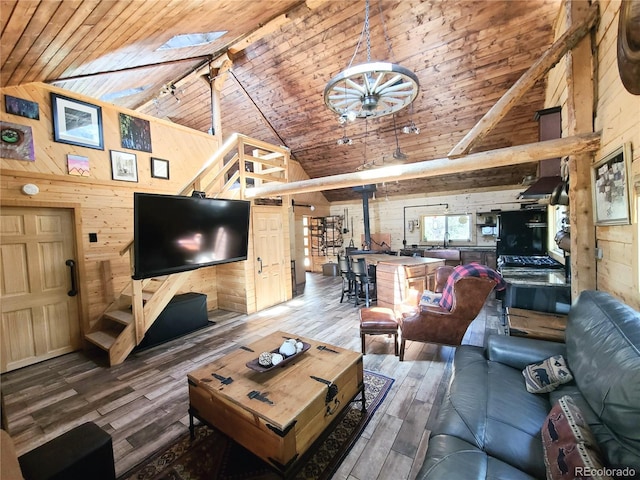 148 Wakonda Ln, Hartsel, CO 80449 - living area with wood walls, wooden ceiling, wood-type flooring, and high vaulted ceiling