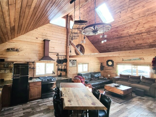148 Wakonda Ln, Hartsel, CO 80449 - living room featuring wood walls, high vaulted ceiling, wood ceiling, and wood finished floors