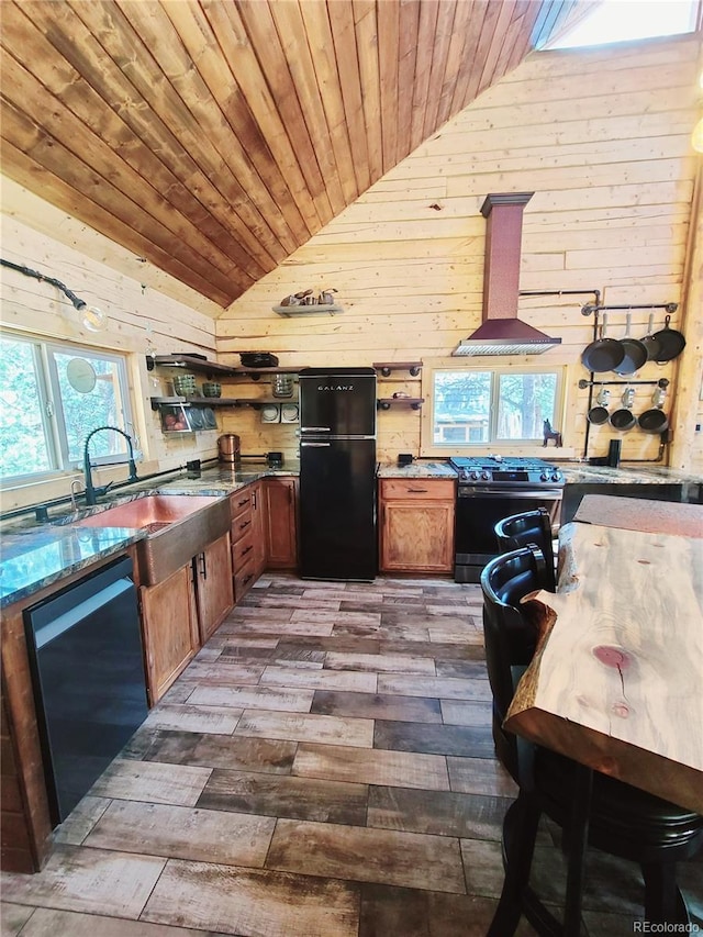 148 Wakonda Ln, Hartsel, CO 80449 - kitchen with freestanding refrigerator, gas range, lofted ceiling, island exhaust hood, and dishwashing machine