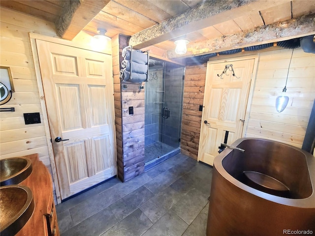 148 Wakonda Ln, Hartsel, CO 80449 - full bathroom featuring wooden walls, a shower stall, and a wooden ceiling with exposed beams