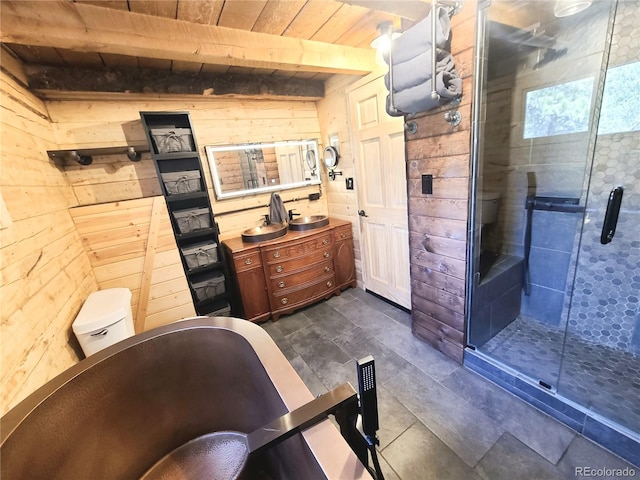 148 Wakonda Ln, Hartsel, CO 80449 - full bath with wooden walls, a soaking tub, a wooden ceiling with exposed beams, vanity, and a shower stall