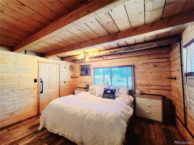 148 Wakonda Ln, Hartsel, CO 80449 - bedroom with dark wood finished floors, wood walls, and a wooden ceiling with exposed beams