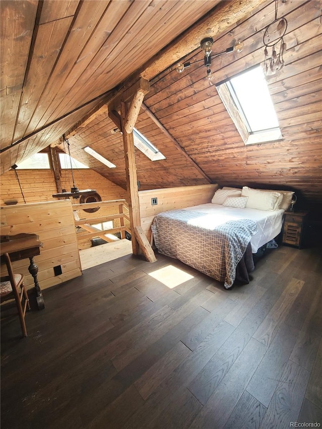 148 Wakonda Ln, Hartsel, CO 80449 - bedroom with a skylight, lofted ceiling, wood ceiling, dark wood-style flooring, and wooden walls