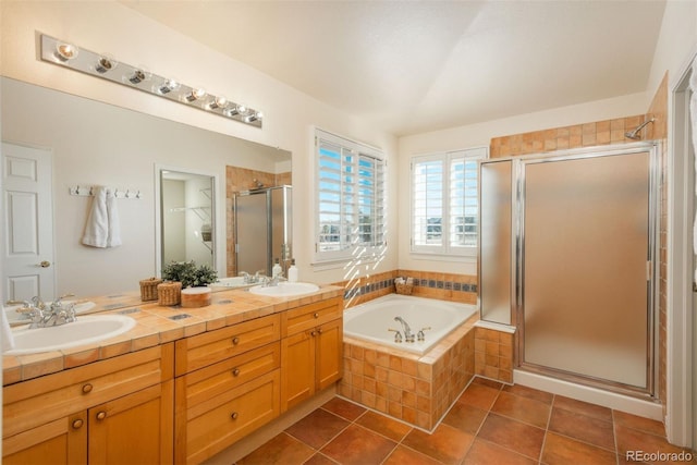 bathroom with vanity, separate shower and tub, and tile patterned flooring