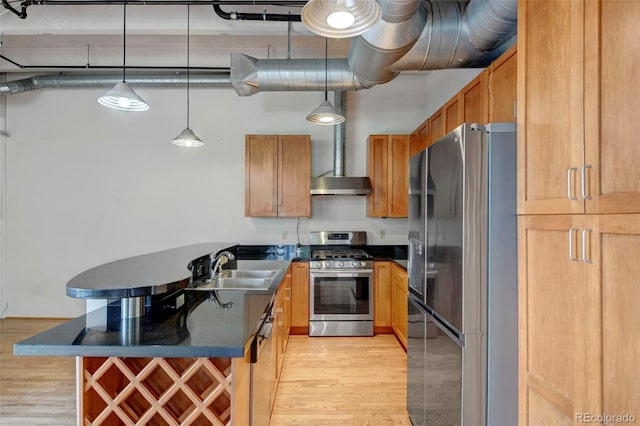 kitchen featuring a sink, light wood finished floors, dark countertops, and stainless steel appliances