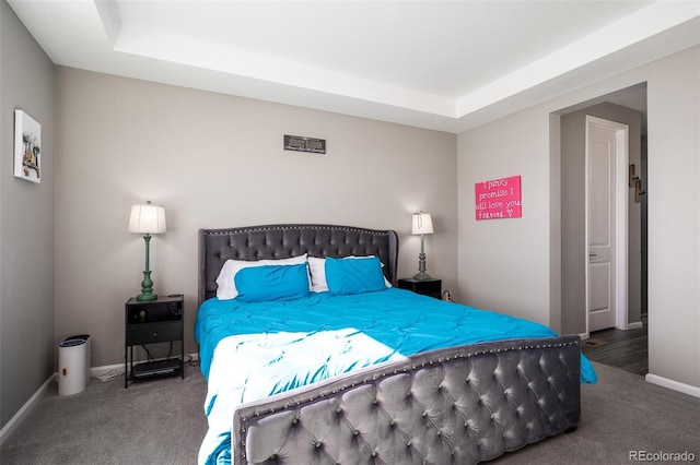 carpeted bedroom featuring a tray ceiling