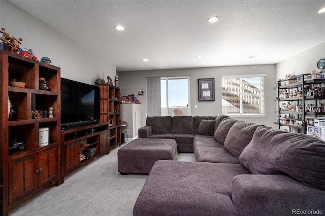 living room with light colored carpet and a textured ceiling