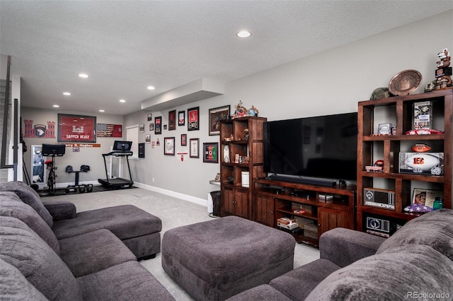 living room with light colored carpet and a textured ceiling