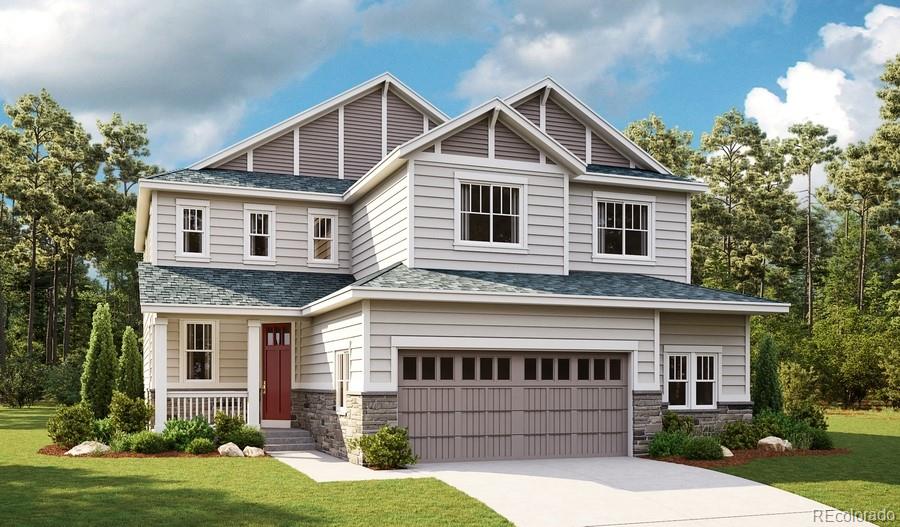 craftsman house with a front yard, an attached garage, stone siding, and concrete driveway