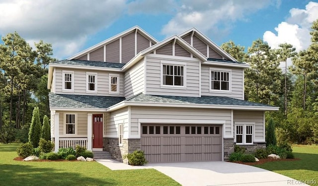 craftsman house with a front yard, an attached garage, stone siding, and concrete driveway