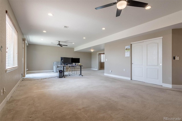 6265 S Ider Way, Aurora, CO 80016 - living room featuring a ceiling fan, baseboards, light colored carpet, plenty of natural light, and recessed lighting