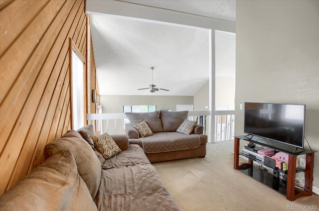 3853 S Genoa Ct Unit D, Aurora, CO 80013 - living room featuring carpet, ceiling fan, and vaulted ceiling