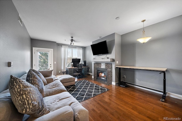 living room with a fireplace and dark hardwood / wood-style floors