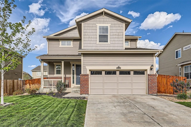 view of front of home with covered porch, concrete driveway, an attached garage, and brick siding