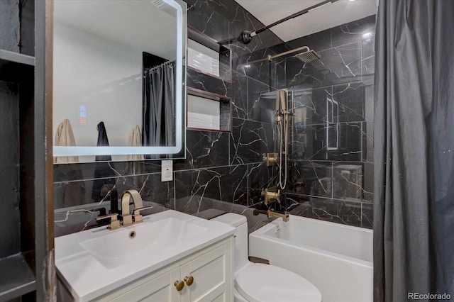 1641 Orchard Dr, Denver, CO 80221 - bathroom featuring tile walls, shower / bathtub combination with curtain, tasteful backsplash, vanity, and toilet