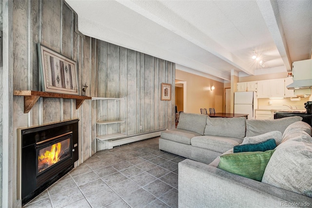 200 Granite St Unit 202, Frisco, CO 80443 - living room featuring a baseboard radiator, wood walls, a glass covered fireplace, and a textured ceiling
