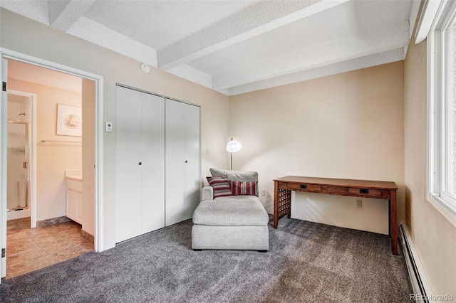 200 Granite St Unit 202, Frisco, CO 80443 - sitting room with a baseboard radiator, carpet flooring, and a textured ceiling