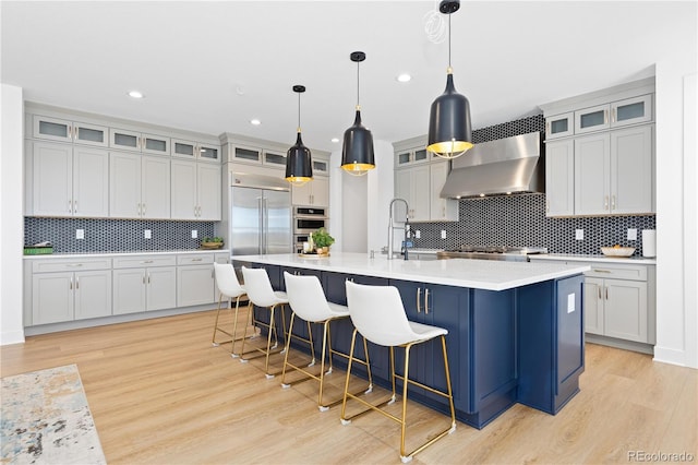 kitchen featuring light wood-style flooring, a kitchen island with sink, a sink, stainless steel appliances, and wall chimney exhaust hood