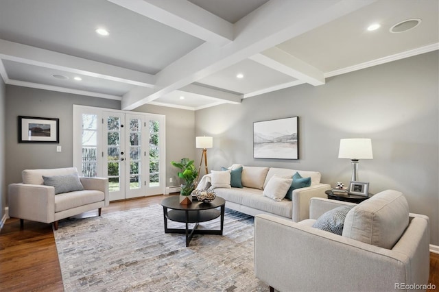 living room with recessed lighting, beam ceiling, wood finished floors, and french doors