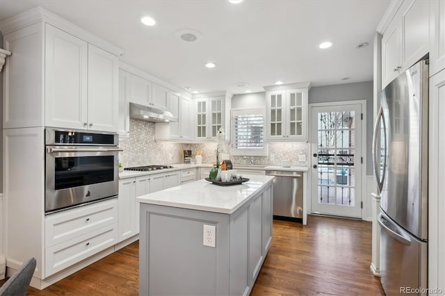 kitchen with appliances with stainless steel finishes, dark wood-style flooring, light countertops, under cabinet range hood, and a sink