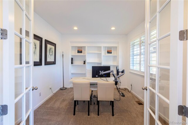 carpeted office featuring visible vents, french doors, baseboards, and recessed lighting