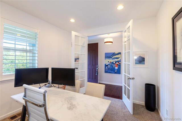 office area featuring baseboards, french doors, and recessed lighting