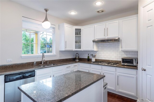 kitchen with a sink, a toaster, white cabinets, under cabinet range hood, and appliances with stainless steel finishes
