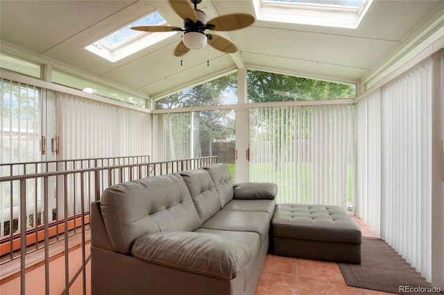 8595 S Yarrow St, Littleton, CO 80128 - sunroom / solarium featuring a skylight, a ceiling fan, vaulted ceiling, tile patterned floors, and outdoor lounge area