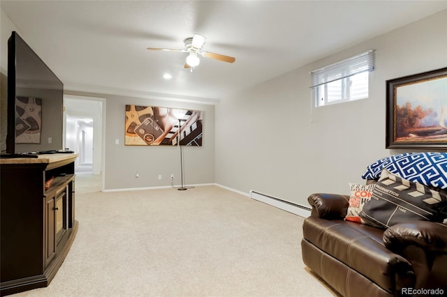 8595 S Yarrow St, Littleton, CO 80128 - living area featuring a ceiling fan, light colored carpet, and baseboard heating