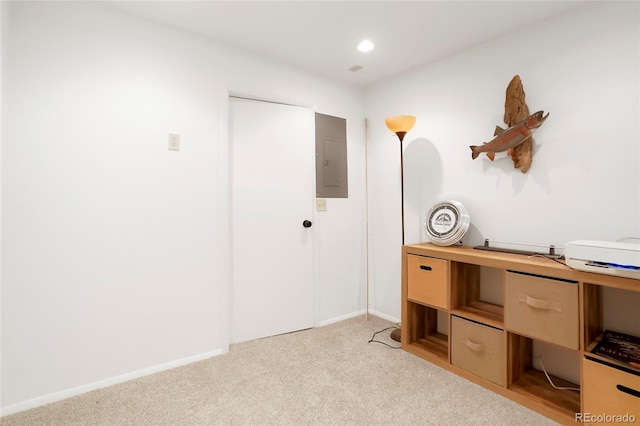 8595 S Yarrow St, Littleton, CO 80128 - interior space with light colored carpet, electric panel, and recessed lighting