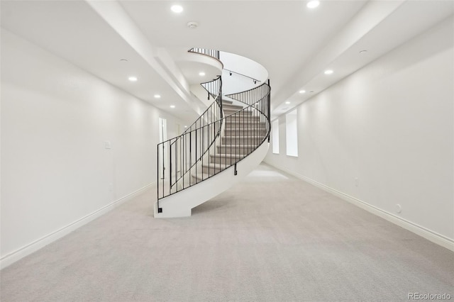 stairway with recessed lighting, carpet flooring, and baseboards