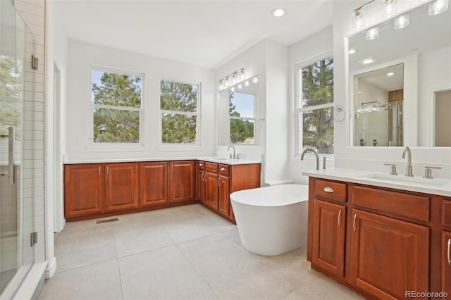 bathroom featuring tile patterned flooring, two vanities, a sink, a freestanding bath, and a stall shower