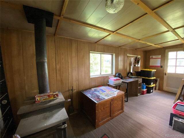 12729 Desert Dr, Sterling, CO 80751 - office space with a wood stove, wood walls, and carpet floors