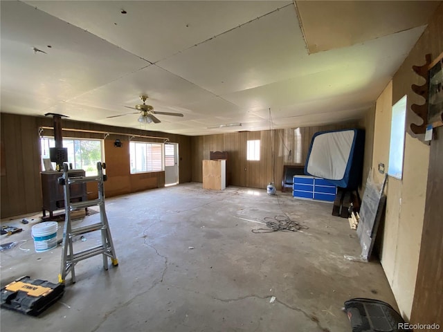 12729 Desert Dr, Sterling, CO 80751 - miscellaneous room with concrete flooring, wooden walls, healthy amount of natural light, and a ceiling fan