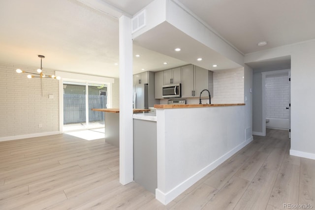 kitchen with gray cabinets, appliances with stainless steel finishes, butcher block countertops, sink, and kitchen peninsula