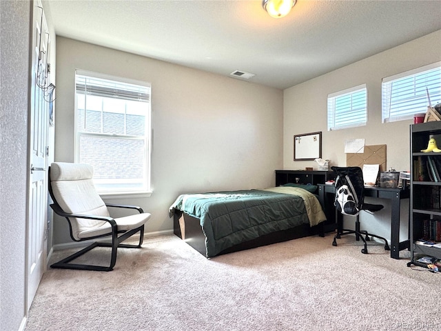 carpeted bedroom with multiple windows