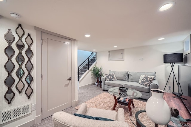 living room with visible vents, recessed lighting, stairway, and carpet flooring