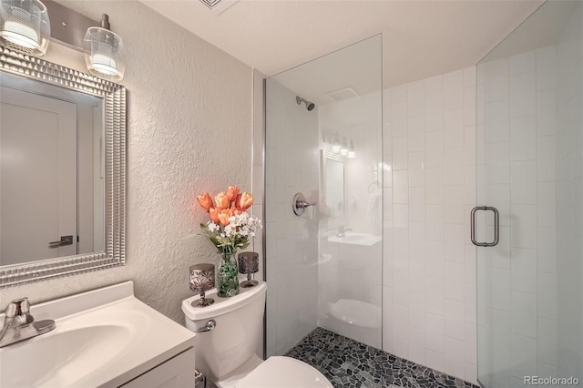 full bathroom with vanity, toilet, a shower stall, and a textured wall